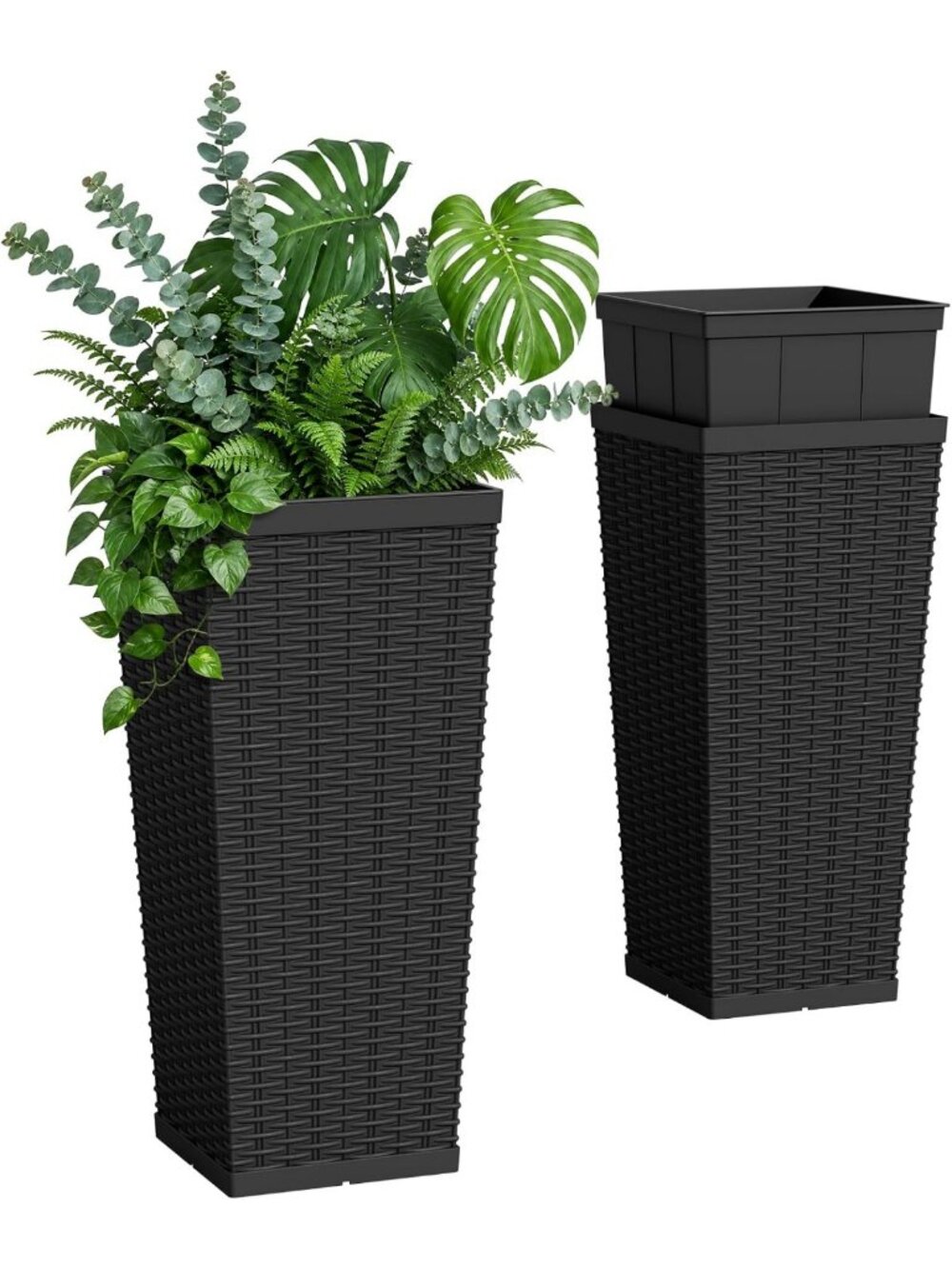 Set of 2 Tall 24” Plastic Planters with Drainage Holes for Front Porch Decor